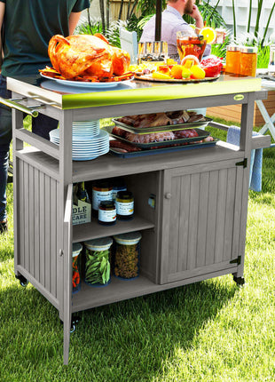 Outdoor Grill Cart w/ Stainless Steel Top, Solid Wood Outdoor Kitchen Island w/ Wheels, Storage Cabinets, Gray