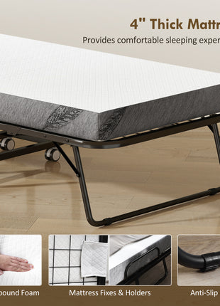 Folding Bed with Mattress for Adults, Long Twin Size, Portable Foldable Bed with 4" Foam Mattress & Space-Saving Steel Frame, 79" x 35", Fold Up, Roll Away & Hideaway, White