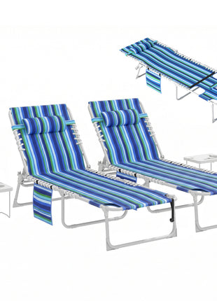 Tanning Chair Set of 2 with Face Hole and Side Table, 5-Position Folding Outdoor Chaise Lounge Chair, Blue Stripe