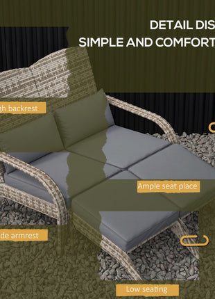 Wicker Adirondack Chair for 2 with Cushions & Footrests, PE Rattan Double Chaise Lounge Chair, Fire Pit Chair for Porch with Wide Armrests, High-back, Gray