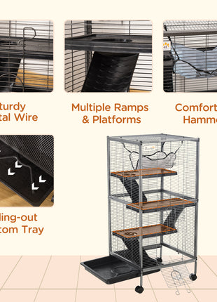 Metal Small Animal Cage Rolling Big Ferret Cage, Chinchilla Cage, Sugar Glider Cage, with Hammock & 4 Tiers, Removable Tray, Gray