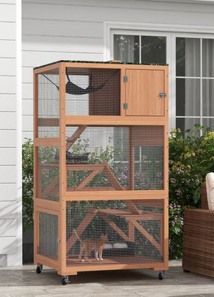 Catio, Outdoor Cat Enclosure House on Wheels with Hammock, Orange