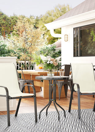 3 Pieces Bistro Set, Small Patio Furniture Set with Stackable Chairs and Glass Table for Backyard, Balcony, Beige