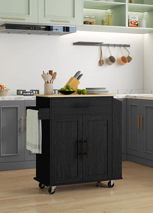 Rolling Island with Wheels for Kitchen, Kitchen Island on Rollers with Power Outlets, Drawer, and Doors, Black