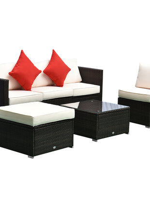 6 Piece Patio Furniture Set Outdoor Wicker Conversation Set All Weather PE Rattan Sectional Sofa Set with Ottoman, Cushions and Tempered Glass Table, Mixed Brown and Cream White