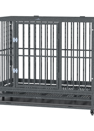 43" Heavy Duty Dog Crate Metal Cage Kennel with Lockable Wheels, Double Door and Removable Tray, Gray