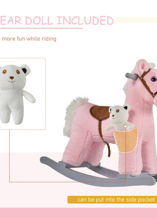 Kids Rocking Horse with Bear Toy, Plush Animal Rocker with Fun Realistic Sounds for Toddler 18-36 Months, Pink