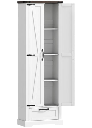 71" Pantry Cabinet, Kitchen Storage Cabinet with Adjustable Shelves, Barn Doors and Drawer for Dining Room, White