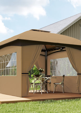 11' x 11' Outdoor Gazebo, Double Roof Patio Gazebo with Curtains, Church Windows, Galvanized Steel Frame, Beige