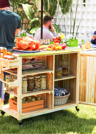 Outdoor Grill Cart with Stainless Steel Top, Solid Wood Outdoor Kitchen Island with Wheels, Natural Wood