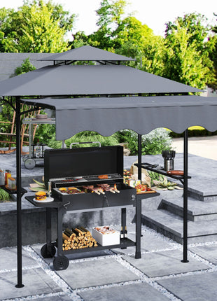 8' x 7.6' Outdoor Grill Gazebo, Barbecue Gazebo Shelter with Side Awning, 2 Side Shelves and 6 Hooks, Dark Gray