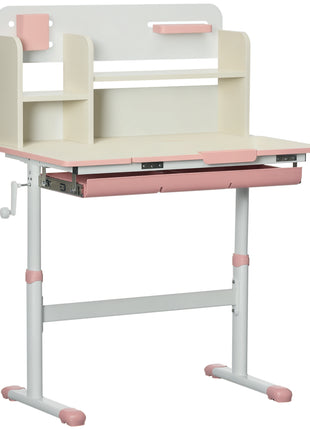 Wooden Kids Study Desk, Height Adjustable Children School Study Table, Student Writing Desk with Tilt Desktop, Drawer, Storage Shelf, Pen Holder, Pink
