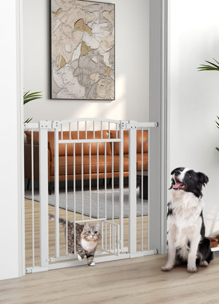 30"-41" Extra Wide Walk Through Dog Gate w/ Cat Door, 3-Inch & 5.5-Inch Extension Kits, 30" High