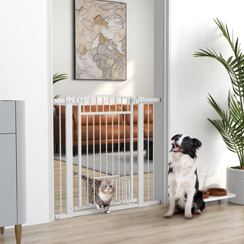 30"-41" Extra Wide Walk Through Dog Gate w/ Cat Door, 3-Inch & 5.5-Inch Extension Kits, 30" High