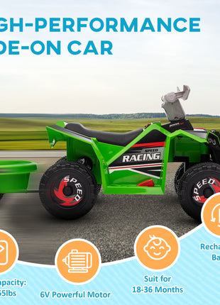 6V Electric Toy Car with Back Trailer, Forward Backward, Wear-Resistant Wheels for Ages 18-36 Months, Green