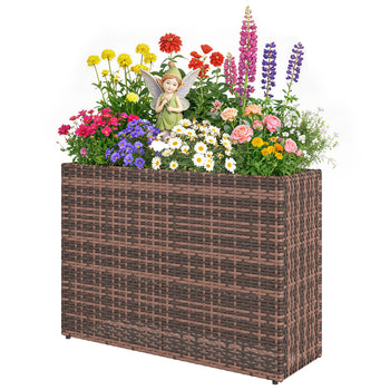 Tall Rectangular Planter with Removable Liner, Holes, PE Wicker Large Planter Box for Indoor Outdoor Plants, Brown