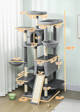 69" Cat Tree, Multi-Level Cat Tower with 2 Condos and 3 Hammocks, 8 Scratching Posts, for Multiple Cats, Dark Gray