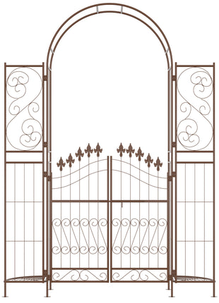 7' Metal Garden Arbor, Garden Arch with Gate, Fleur De Lis Motif, Latching Doors, Planter Shelves for Climbing Vines, Ceremony, Weddings, Party, Garden, Backyard, Lawn, Brown