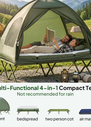 2-Person Tent Cot, 4-in-1 Elevated Camping Bed Combo with Air Mattress, Bed Cover, Foot Pump