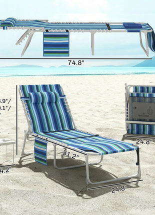 Tanning Chair with Face Hole and Side Table, 5-Position Folding Outdoor Chaise Lounge Chair, Blue Stripe