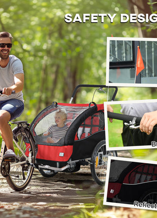 2-Seat Elite 360 Swivel Bike Trailer for Kids Bicycle Cargo Trailer with Water-Resistant Windows, Black and Red