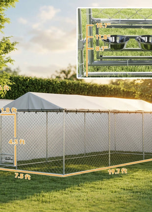Dog Kennel Outdoor Dog Run Waterproof UV-Resist Cover Lockable Door Adjustable Bowls 20 x 7.5 x 6.5ft