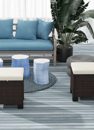 2 Piece Wicker Outdoor Ottomans with Cushions, Rattan Ottoman Footrest and Side Table for Patio, Yard, Poolside, Beige