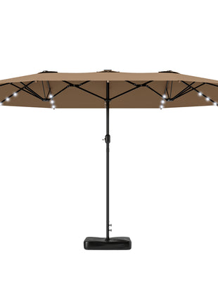 Garden Parasol 14.4 ft. Double-Sided Sun Umbrella with Base, Patio Parasol with LED Solar Lights, Khaki