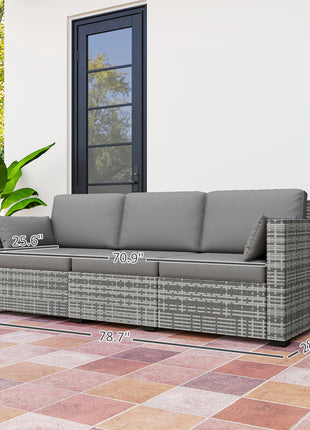 Patio Couch PE Wicker Deep Seating Outdoor Sofa with Removable Cushions, 3 Seater Rattan Sofa, Outdoor Furniture for Balcony, Deck, Garden and Poolside, Gray