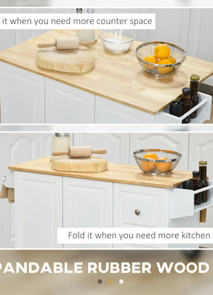Kitchen Island with Drop Leaf, Rolling Kitchen Cart on Wheels with 3 Drawers, Cabinet, Natural Wood Top, Spice Rack and Towel Rack, White