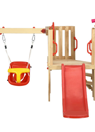 4-in-1 Wooden Swing Set with Swing, Slide, Horn, Steering Wheel, Red