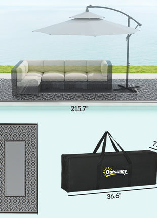 Reversible Outdoor Rug, Waterproof Plastic Straw with Carry Bag, 9' x 18', Black & Gray Gourd Border