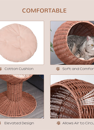 Elevated Cat Bed with Rotatable Egg Chair Pod, Cat Basket Bed with Thick Cushion, Natural Mat Grass Woven Kitty House, Brown