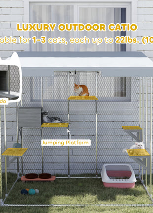 79" Galvanized Steel Large Catio with Waterproof Canopy, Sleeping Box, Jumping Platforms, for 1-3 Kittens, Silver