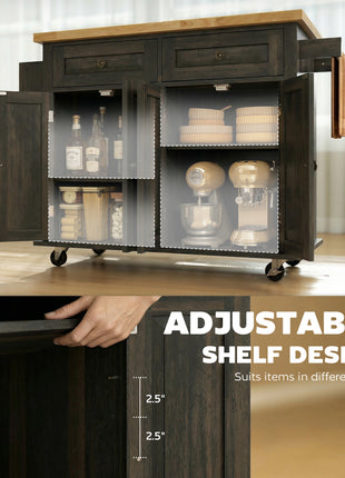 44" Mobile Kitchen Island Table, Kitchen Island Cart on Wheels with Storage Cabinets, 2 Drawers, Brown
