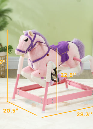 Spring Rocking Horse, Kids Ride on Horse, Plush Horse Ride-on w/ Sounds & Foot Stirrups for Kids 3-8 Years, Pink