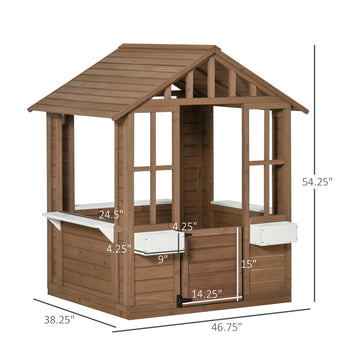 Kids Wooden Playhouse, Outdoor Garden Games Cottage with Flowers Pot Holder, Working Door, Windows, Brown