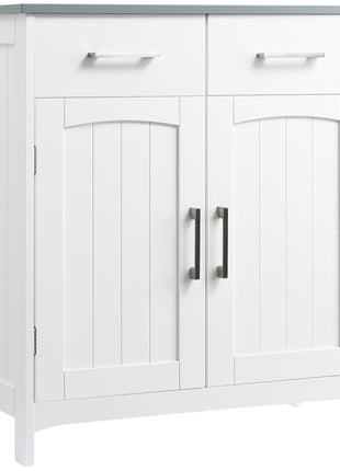 Bathroom Floor Cabinet, Freestanding Linen Cabinet, Storage Cabinet with 2 Drawers, Double Doors, Adjustable Shelf, White