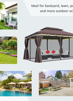 10' x 13' Patio Gazebo, Aluminum Frame Double Roof Outdoor Gazebo Canopy Shelter with Netting & Curtains, Coffee