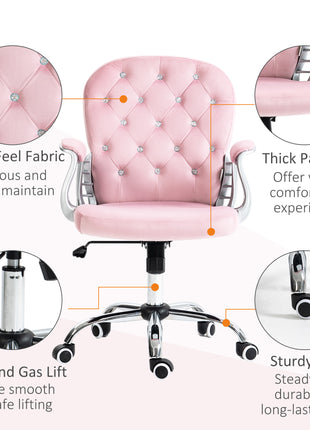 Button Tufted Desk Chair, Home Office Chair with Padded Armrests, Adjustable Height and Swivel Wheels, Pink