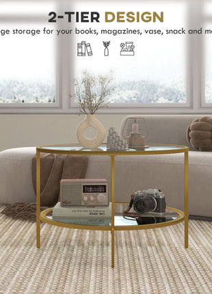 Side Table with Storage, 26" Round End Table, 2-Tier Tempered Glass Coffee Table with Steel Frame for Living Room, Gold