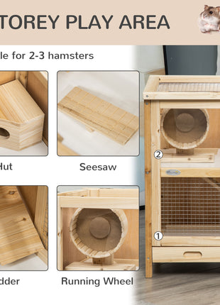 2-Tier Wooden Hamster Cage, Small Animals Hutch, w/ Seesaw, Tray