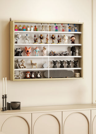 5-Tier Display Cabinet, Wall-Mounted Display Case with 2 Glass Doors and Adjustable Shelves, Oak and White