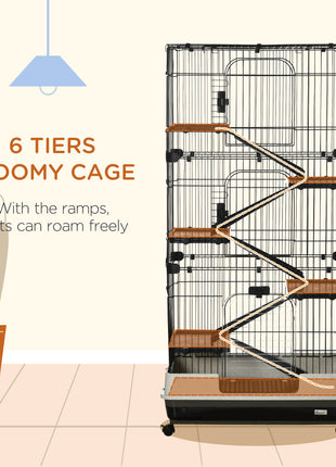 32"L 6-Level Small Animal Cage Rabbit Hutch with Universal Lockable Wheels, Slide-out Tray for Bunny, Chinchillas, Ferret, Black