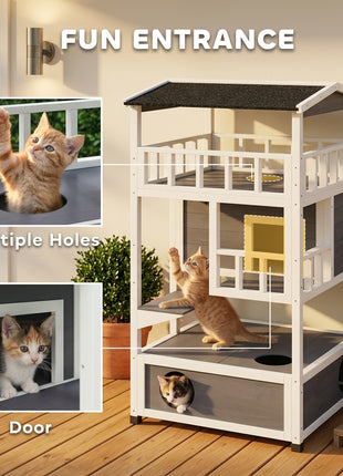 Wooden Outdoor Cat House, Feral Cat Shelter Kitten Condo with Asphalt Roof, Escape Doors, Condo, Jumping Platform, Gray
