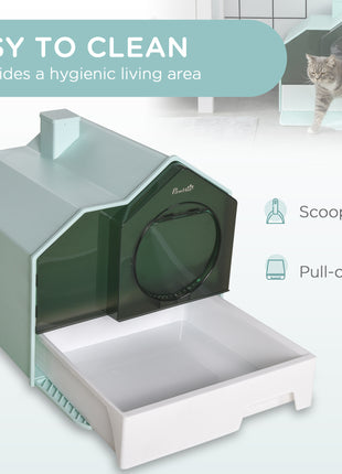 Hooded Cat Litter Box w/ Litter Mat, Litter Particle Catching, Light Blue