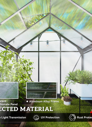 Polycarbonate Greenhouse, Heavy Duty Outdoor Aluminum Walk-in Green House Kit Vent Door, 6.2'x6.2'x6.6' Gray