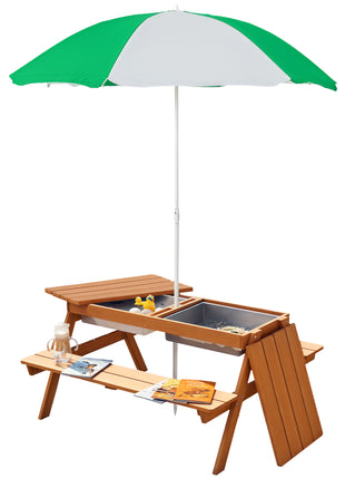 Kids 3 in 1 Sand and Water Table, Wooden Outdoor Convertible Picnic Table with Umbrella and Storage Inside, Bench Backyard Furniture for Garden, Patio, or Balcony