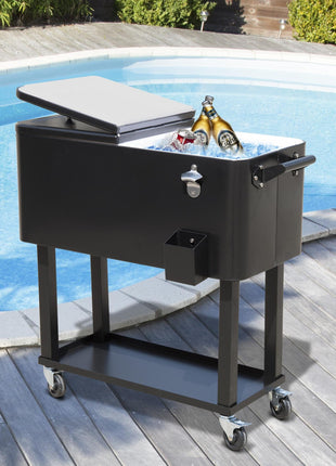 80 QT Rolling Cooling Bins Ice Chest on Wheels Outdoor Stand Up Drink Cooler Cart for Party, Black