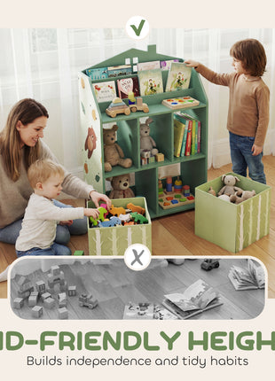 Kids Bookshelf with Storage, Toy Storage Unit with Book Display, Shelves and Fabric Drawers for Playroom Nursery, Green